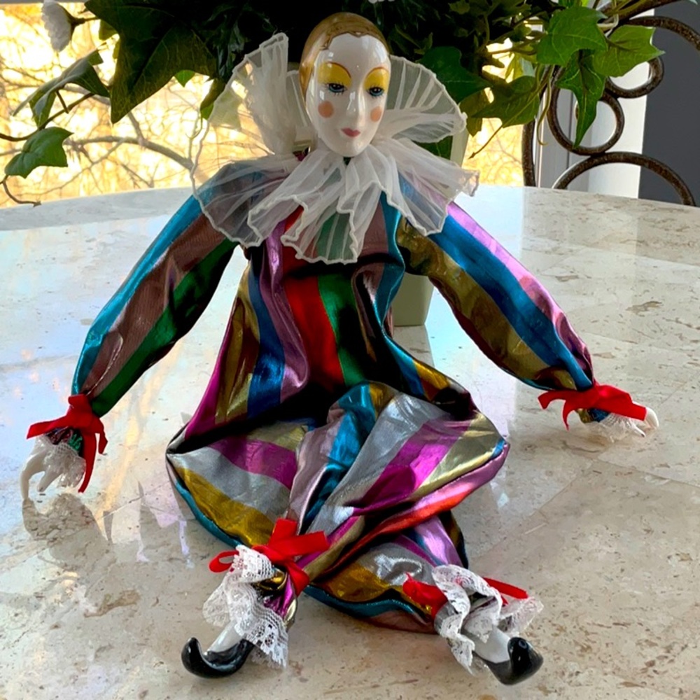 Vintage Pierrot Clown Doll with Gold Porcelain Head